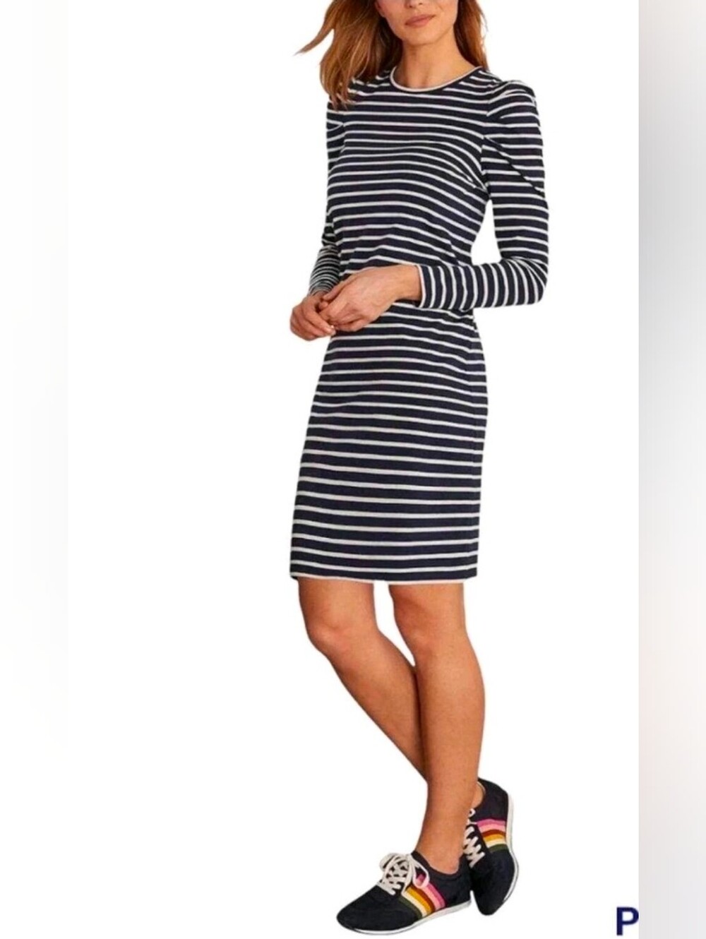 Boden Navy & White Striped Long-Sleeve Knit Dress- LARGE